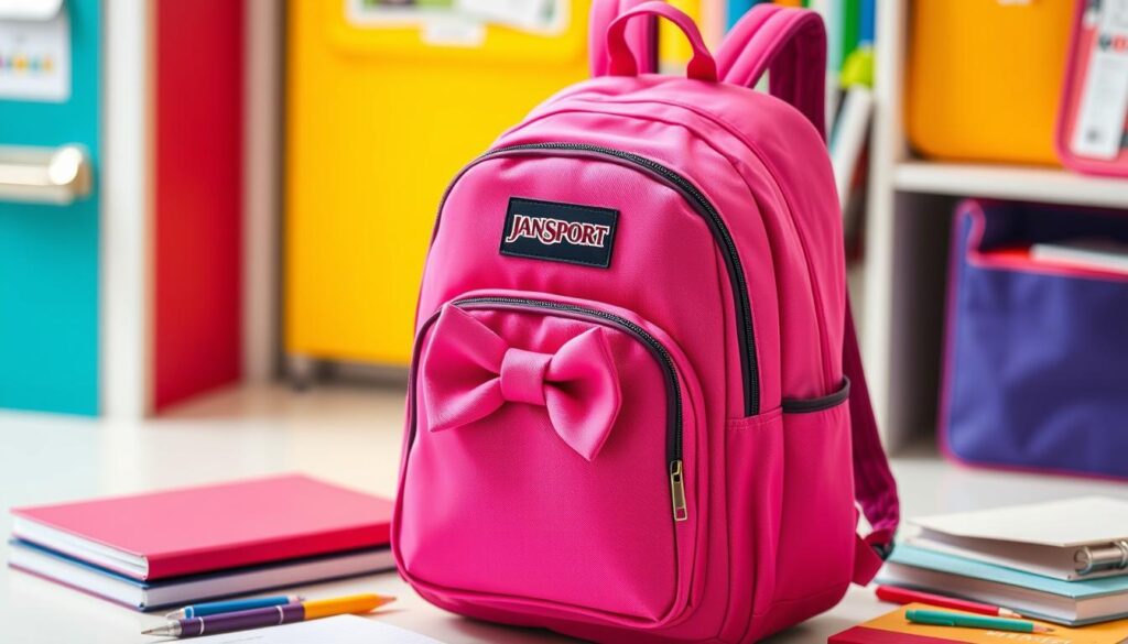 JanSport pink bow backpack features